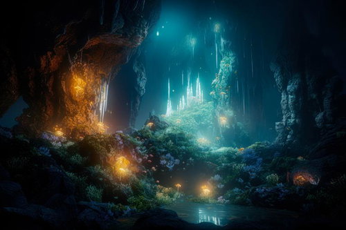 発光する植物と鍾乳石が織りなす幻想的な地下洞窟の湖