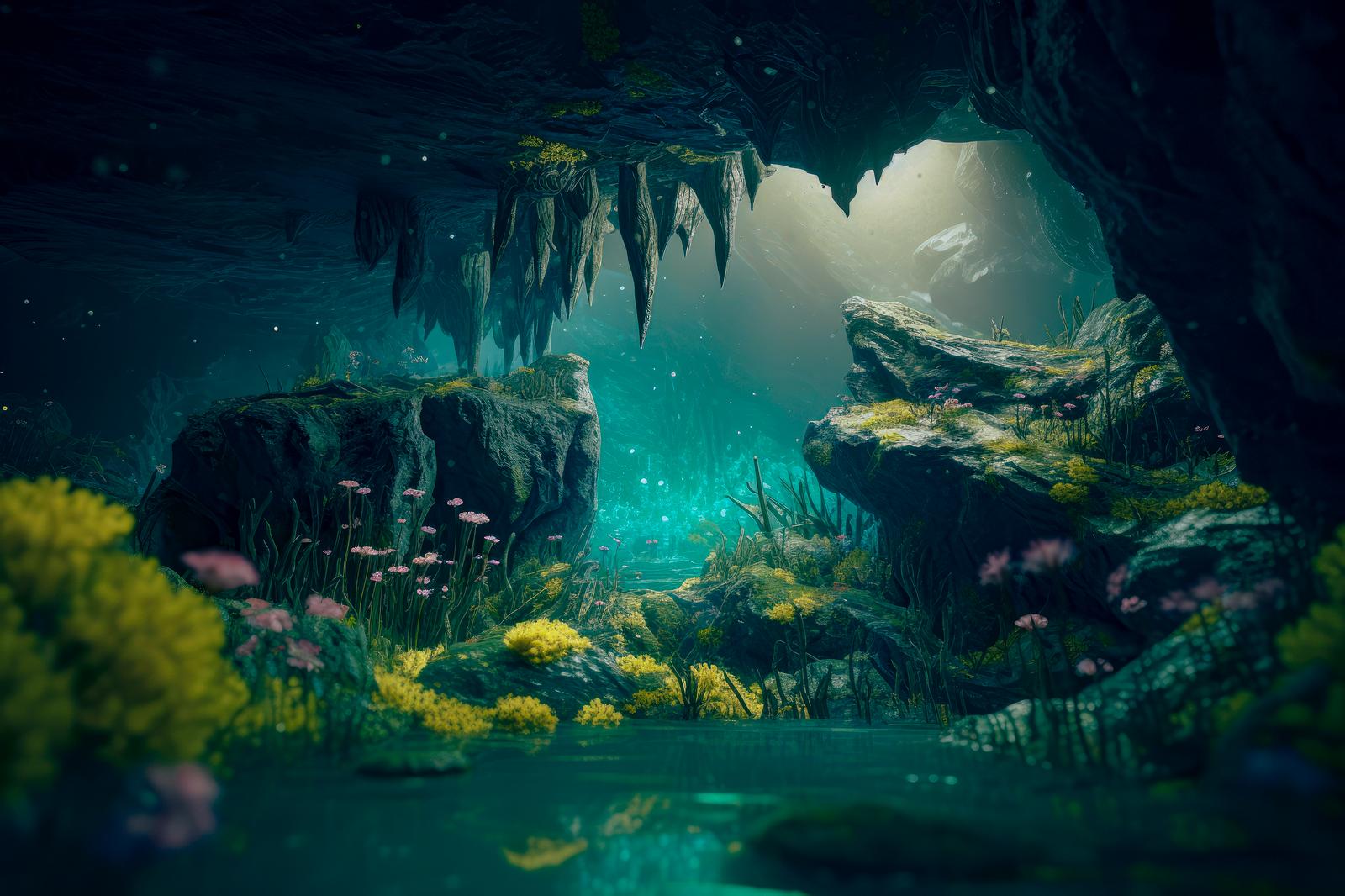 A cave interior with a subterranean lake and turquoise-colored illuminated limestone formations