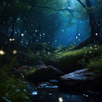 森の中を蛍が飛び交う夜の小川の写真