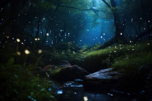 渓流の夜に光る蛍の幽玄な世界～神秘的な光の舞～