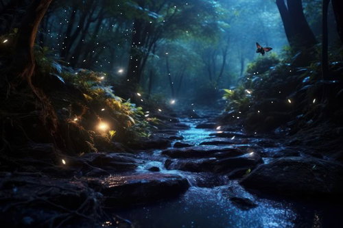 夜の森の渓流に光る蛍