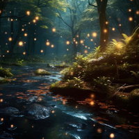 蛍の光が舞う夕暮れの渓流、深緑の森に囲まれた清流の幻想的な夜景の写真