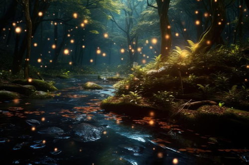 蛍の光が舞う夕暮れの渓流、深緑の森に囲まれた清流の幻想的な夜景