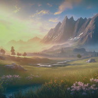 夜明けの山岳湿原と朝靄の風景の写真