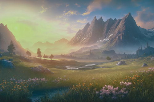 夜明けの山岳湿原と朝靄の風景