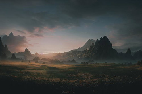 早朝の静寂と草原に立つ山々 - 夜明けの朝焼け風景