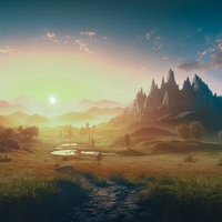 朝日と草原の朝焼け（ファンタジー風景）の写真