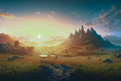 朝日と草原の朝焼け（ファンタジー風景）