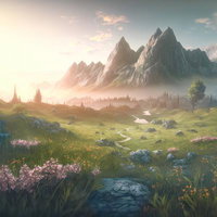 大自然の中の朝靄と草原の風景の写真