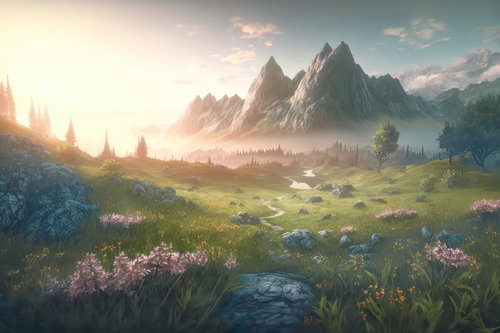 朝靄に包まれた草花と山々、朝焼けの麓に咲く野草と渓流