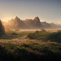 朝靄と草花に包まれた山麓の朝焼け、霧立つ山々と紫紅色の花園の写真