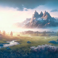 雪山を背景に朝日が昇る草原の朝焼け風景、朝靄漂う大自然の写真