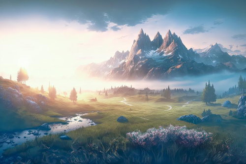 雪山を背景に朝日が昇る草原の朝焼け風景、朝靄漂う大自然