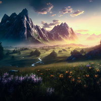 山麓に広がる草原を染める夕焼けと河川の大自然風景の写真