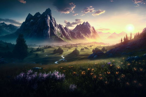 山麓に広がる草原を染める夕焼けと河川の大自然風景