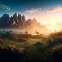 夕日と草花の共演、雄大な山々に沈む日没の麓の写真