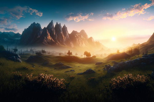 山並みと夕焼けに染まる草原の風景 - ファンタジーRPG背景