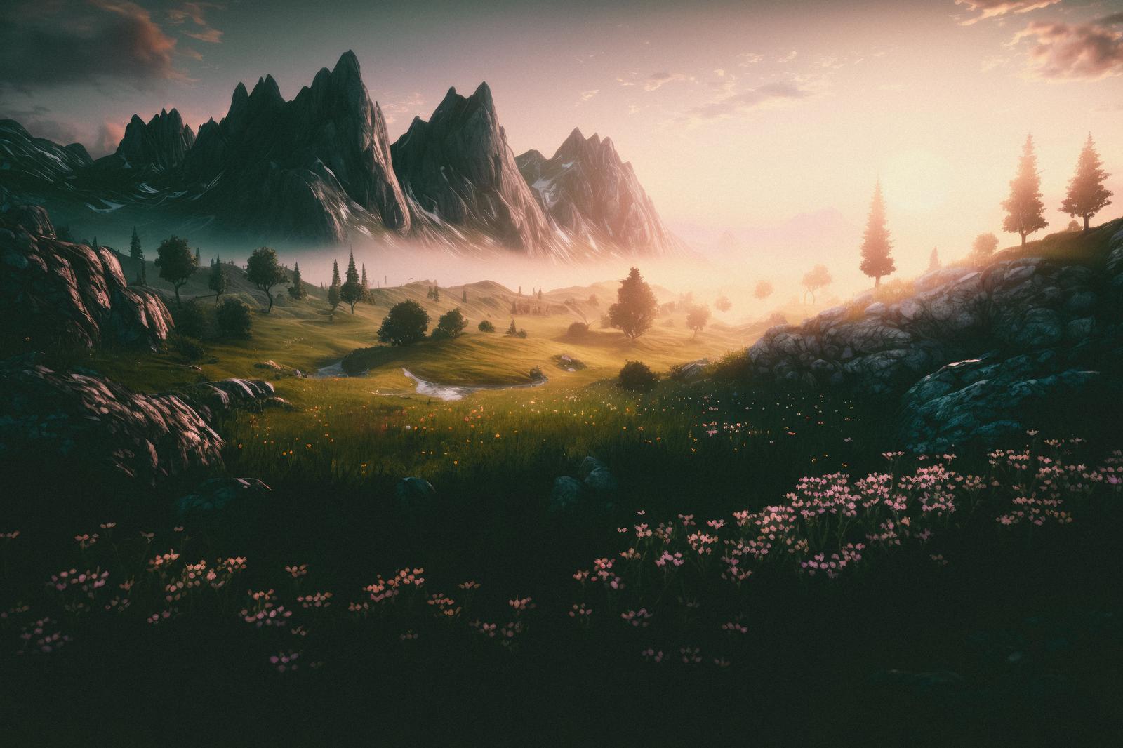 朝靄と朝焼けに包まれた草原と山々の風景