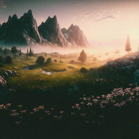 麓の花畑から望む朝焼けと峡谷の物語、小川流れる夜明けの風景の写真