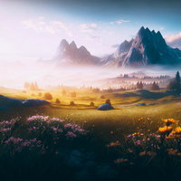 朝焼けと静寂に包まれた高山麓の草原風景の写真