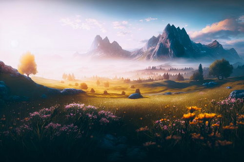 朝焼けと静寂に包まれた高山麓の草原風景