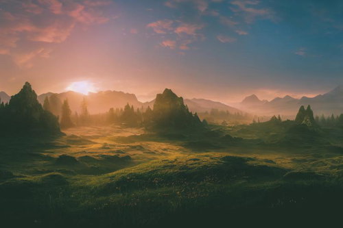 夕暮れの光に包まれた山々と草原の日没風景