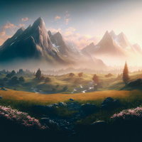 朝焼けに染まる草原から眺める山々の夜明けの写真