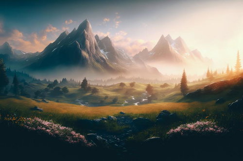 朝焼けに染まる草原から眺める山々の夜明け