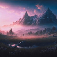 朝靄の山岳風景、赤く染まる平地と麓の写真