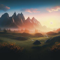 雄大な山々と夕焼けに染まる高原の風景の写真