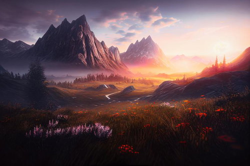 夕陽に染まる花咲く平野と雄大な山並み、白き川