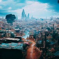 高層ビル群を望むスラム街の風景：経済格差と都市開発の対比の写真