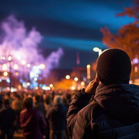 夜のストリートで灯りに照らされる冬の群衆の写真