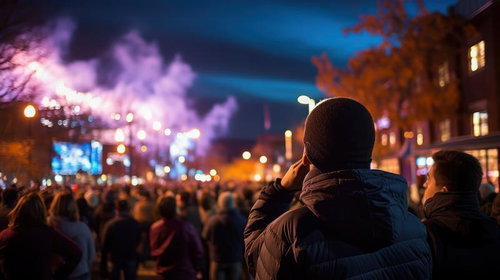 夜のストリートで灯りに照らされる冬の群衆