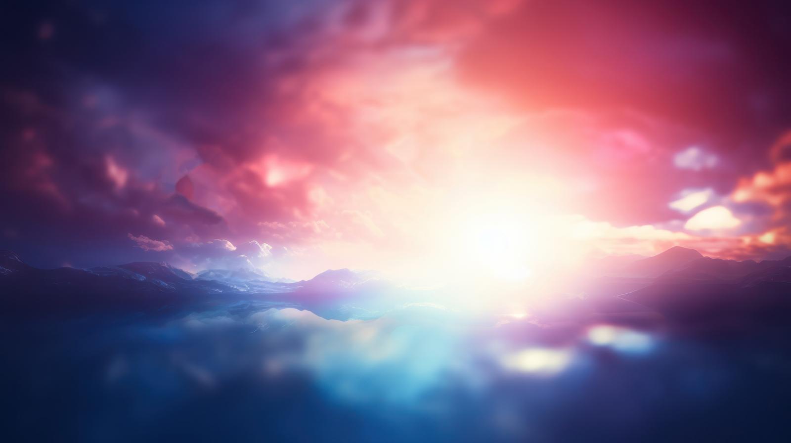 中央の眩しい光から放射状に虹色が広がる山と湖の夜明けの風景