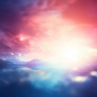 虹色のレンズフレアが光る山並みの夜明け風景のAI画像