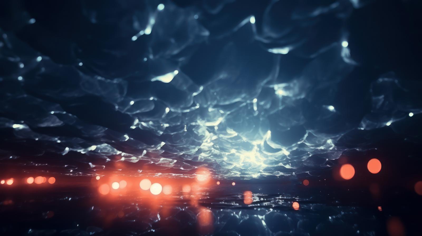 暗い空間に光の粒子が広がる近未来的な抽象画像