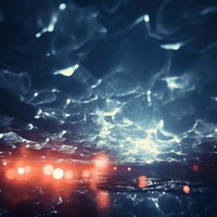 水の中で輝くライトアップの光と粒子が舞う近未来的な抽象空間の写真