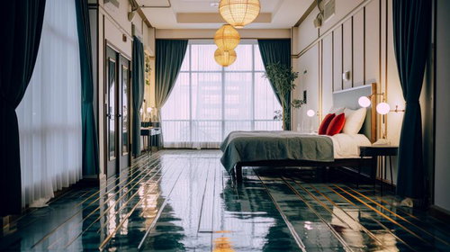 ホテルのスイートルームにある高級ベッドとラグジュアリーな寝室空間