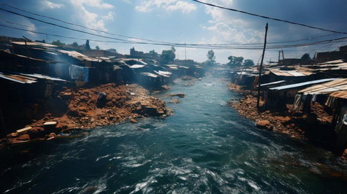 大洪水に襲われたスラム街の水没風景と被災状況