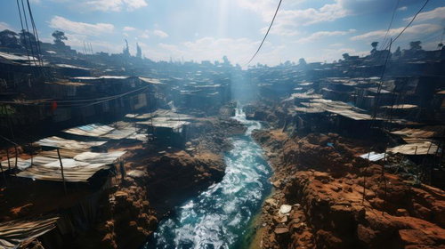 洪水で浸水したスラム街の俯瞰風景、貧困地域と都市部の経済格差