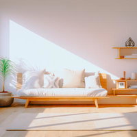 自然光が差し込むワンルームのモダンインテリアの写真