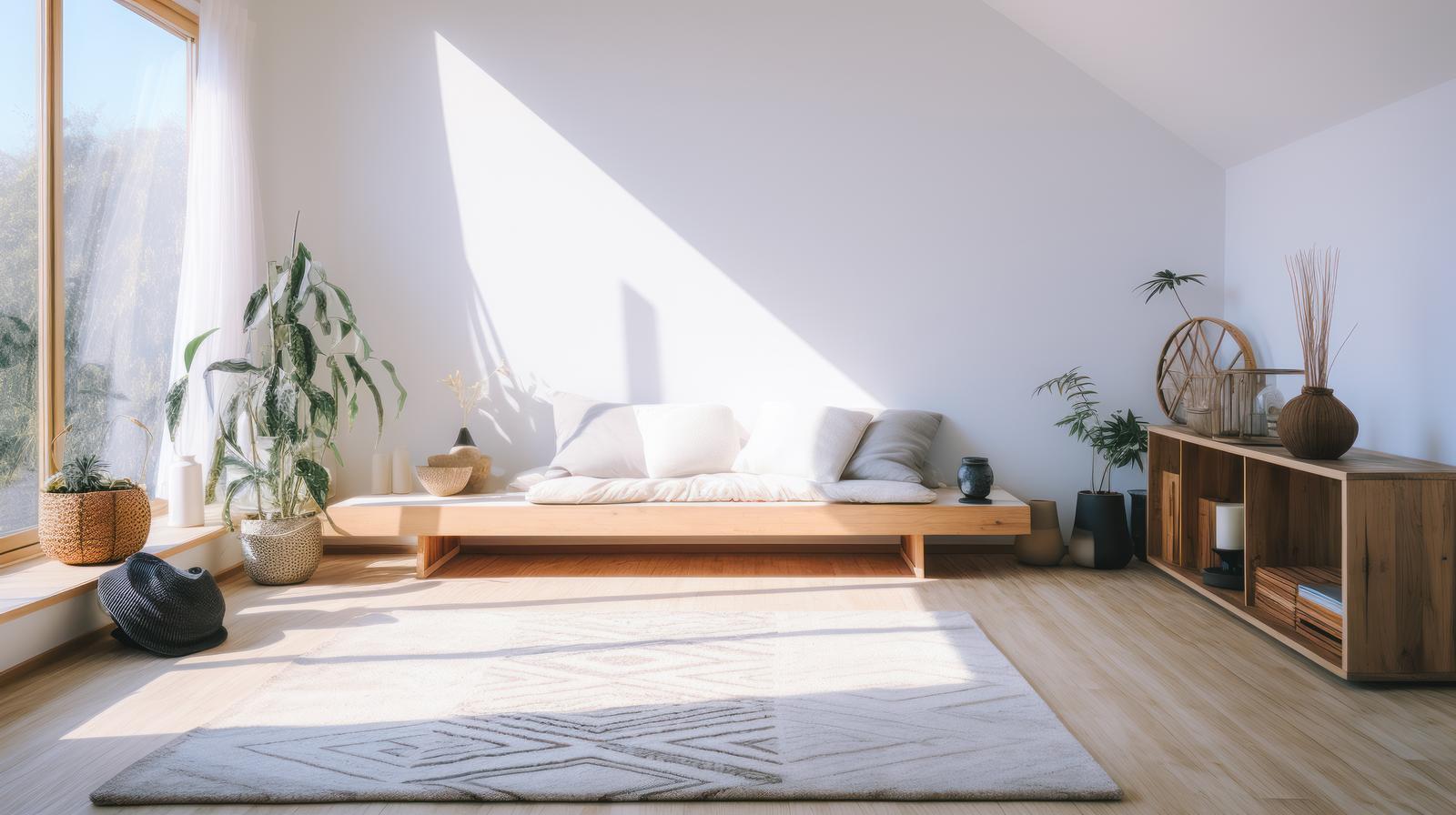 白を基調とした自然光のあるワンルームの木製ソファーと観葉植物