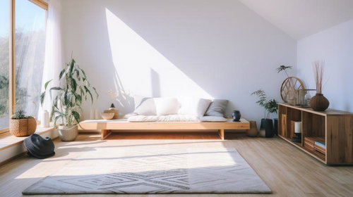 自然光が差し込むミニマルなワンルームリビング