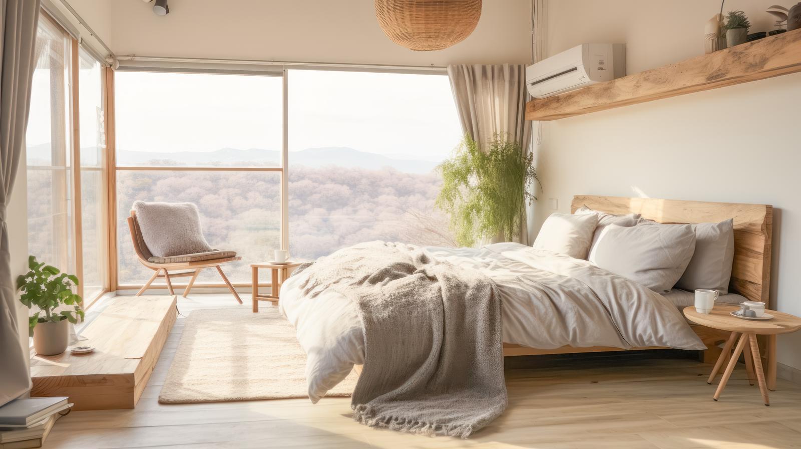 大きな窓から山景色が見えるワンルーム、ベッドと観葉植物のある部屋