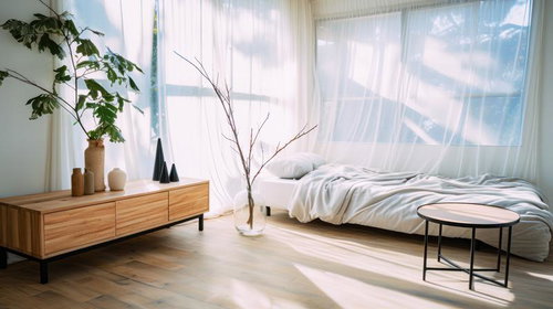 自然光が差し込む開放的なワンルームのレイアウト