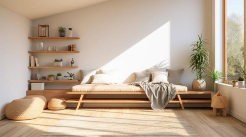 陽光が差し込むちょっとオシャレな家具のあるワンルーム