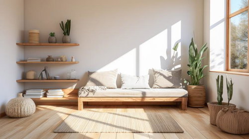 観葉植物と木製家具で揃えたシンプルなワンルーム