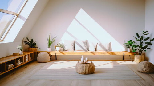 天窓からの自然光が差し込むインテリアと観葉植物のワンルーム