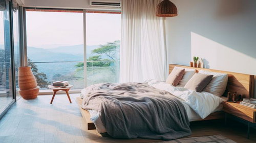 陽の差すベッドルームの景観インテリア 湖畔の眺望